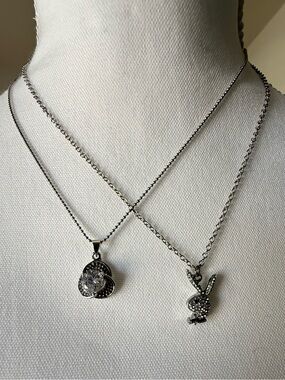Sterling Silver Crystal Bunny & Round Pendant Necklace Set - Silver